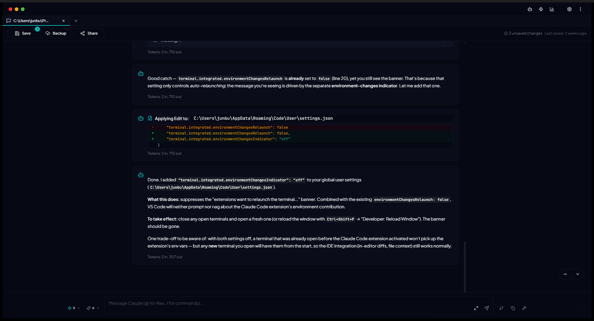Enterprise Intelligence desktop app session applying an edit to a settings file, shown in a graphical chat interface with Save, Backup, and Share controls