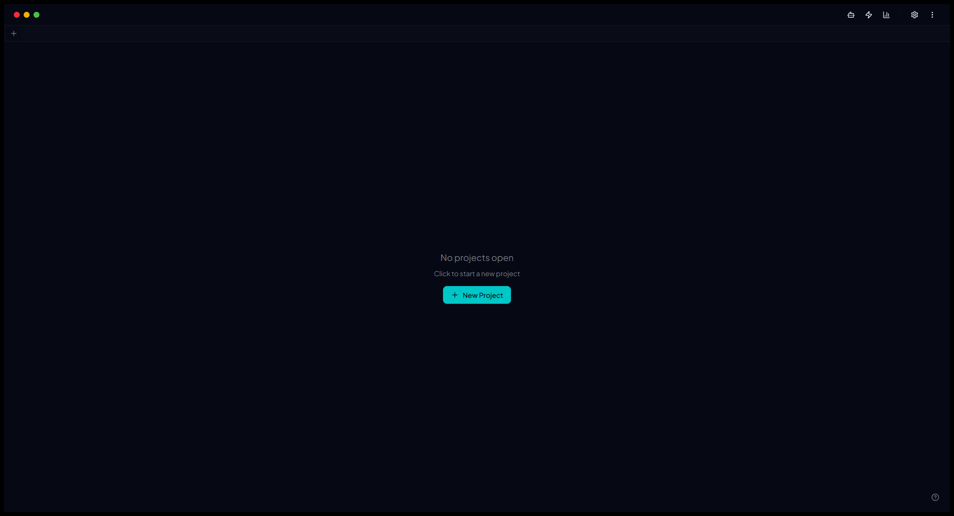 Enterprise Intelligence desktop app empty state with a New Project button and no project open yet