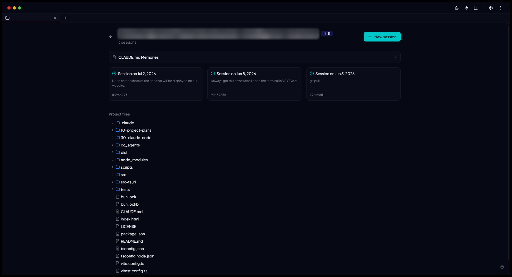 Enterprise Intelligence desktop app showing a project workspace with recent sessions, CLAUDE.md memories, and the project file tree