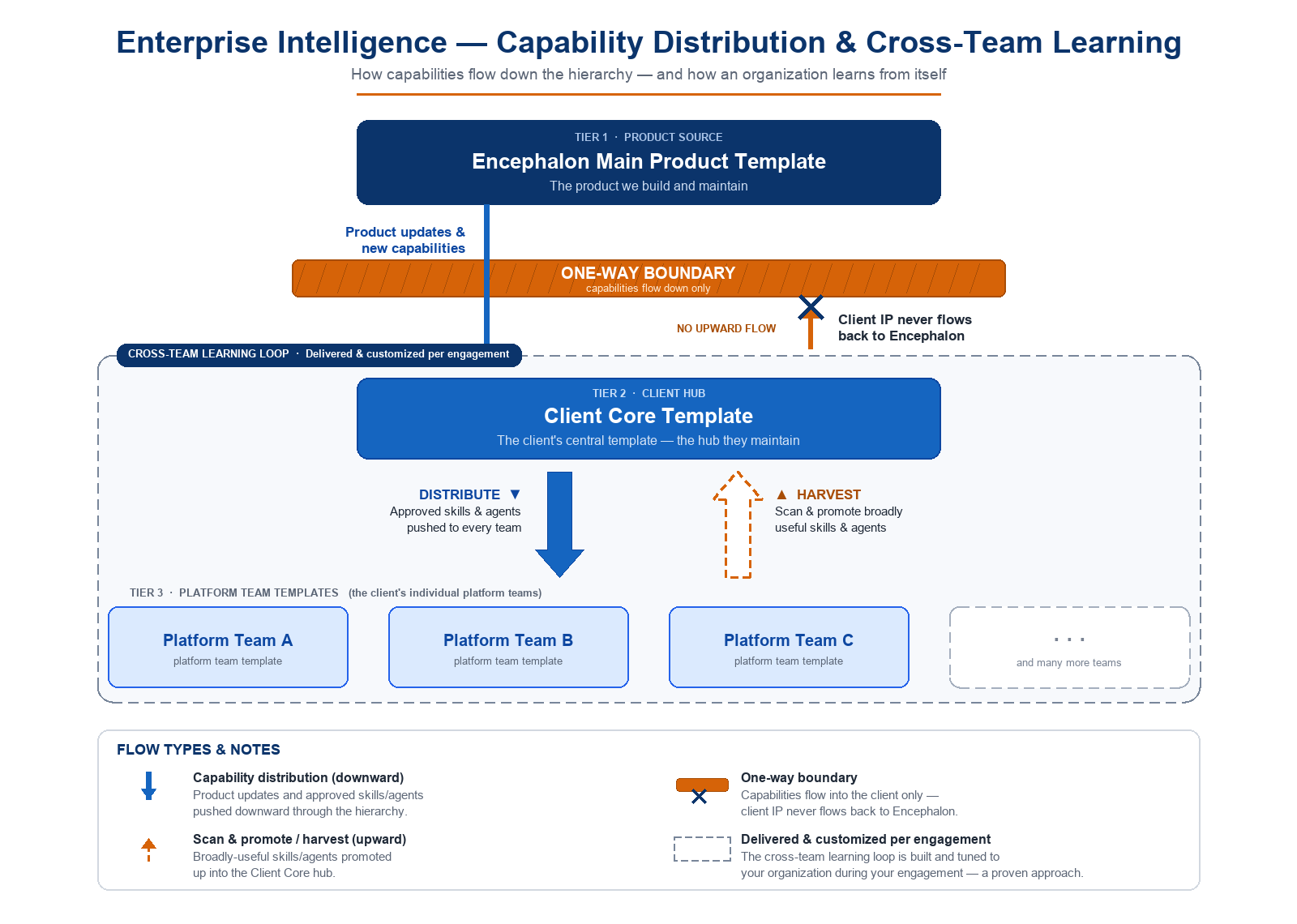 Capability distribution and cross-team learning: Encephalon's main product template pushes updates downstream across a one-way boundary into the client, the client's core template distributes approved skills and agents to every platform team, broadly useful skills and agents are harvested up into the client's own core hub and redistributed, and no client IP flows back to Encephalon.